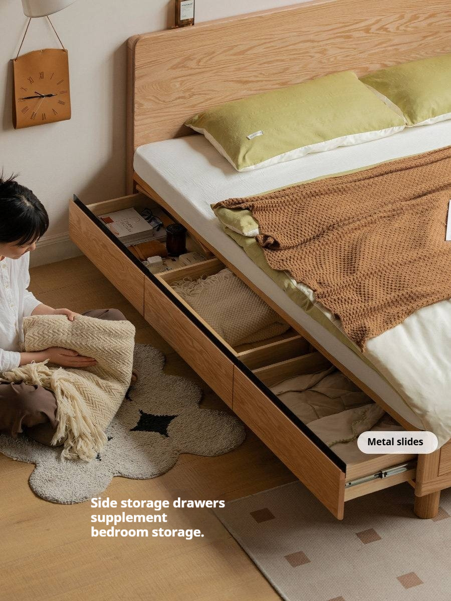 Oak Solid Wood Platform Storage Bed with Hidden Drawers and Bedside Shelf