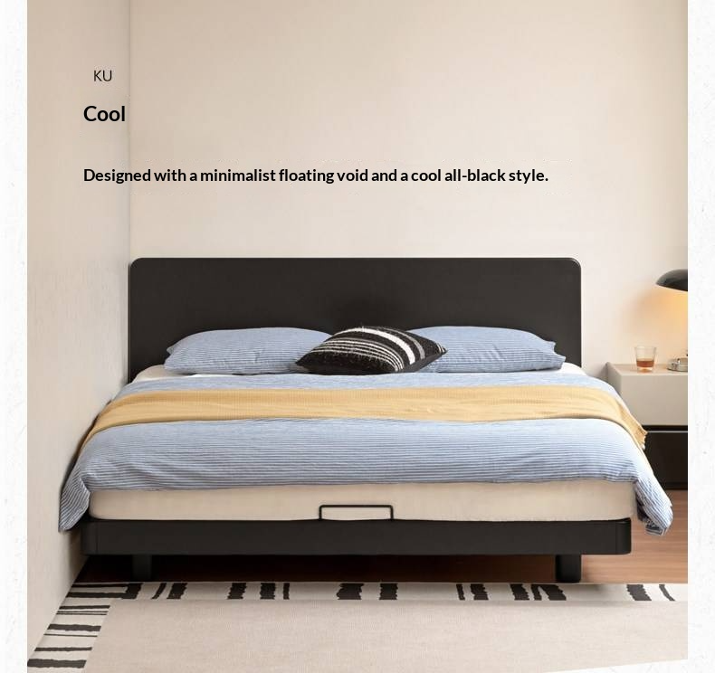 Rubberwood Solid Wood Bed — Modern Minimalist Large Slab Black Floating Bed