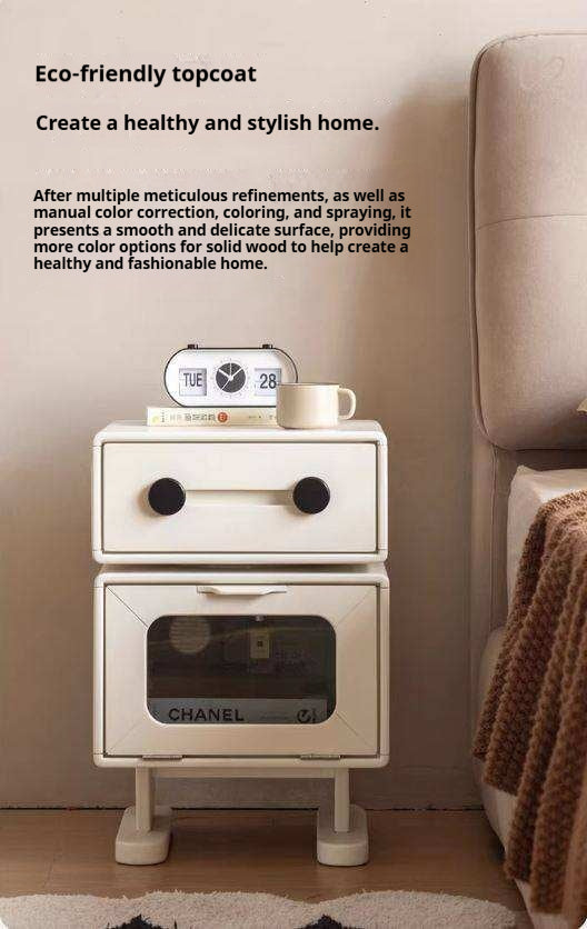 Solid Rubberwood, Oak Solid Wood Cream Style Nightstand.
