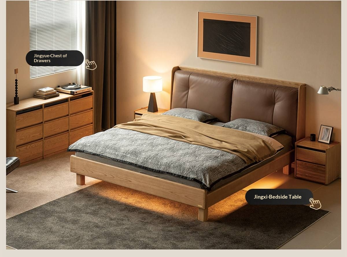 Ash Solid Wood Upholstered Floating Platform Bed with LED Lights