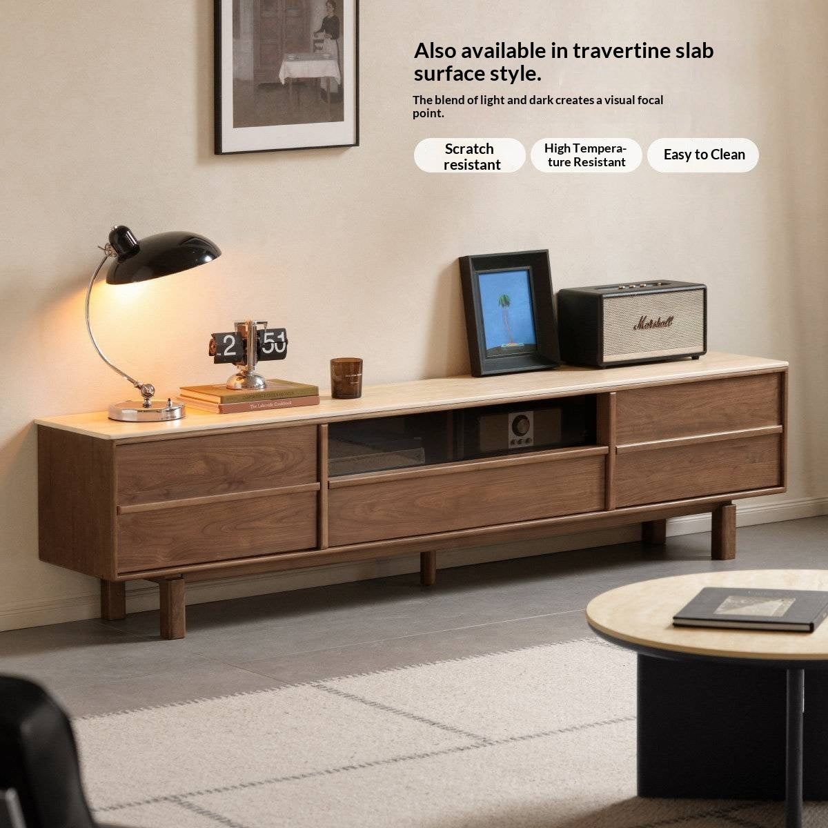 Black Walnut Solid Wood Luxury Style TV Cabinet with Slab Top and Storage