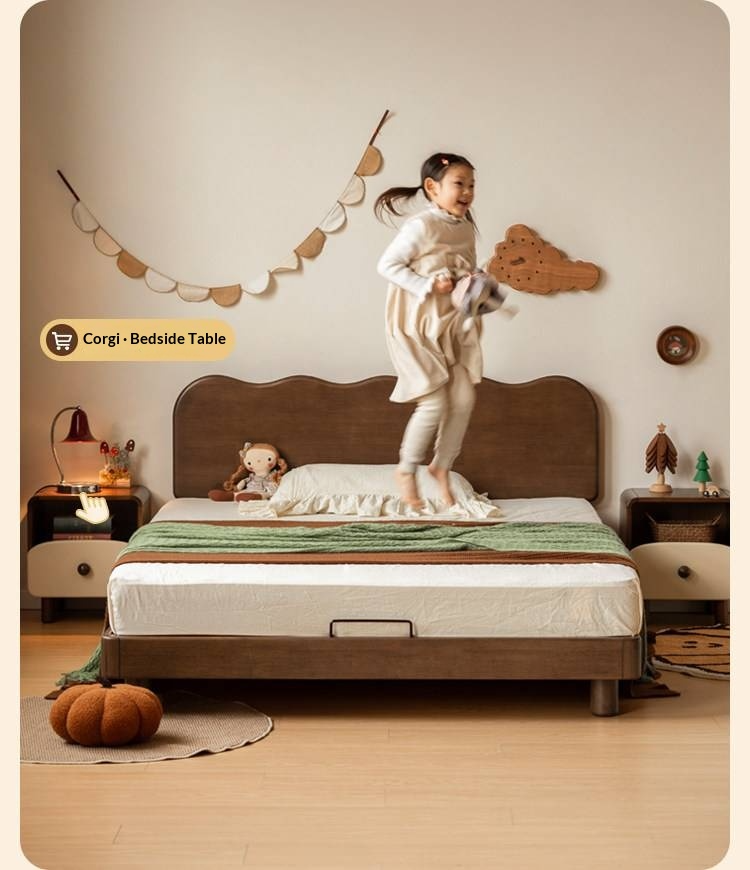Rubberwood Solid Wood Low Kids Bed with Removable Legs and Adjustable Headboard Height