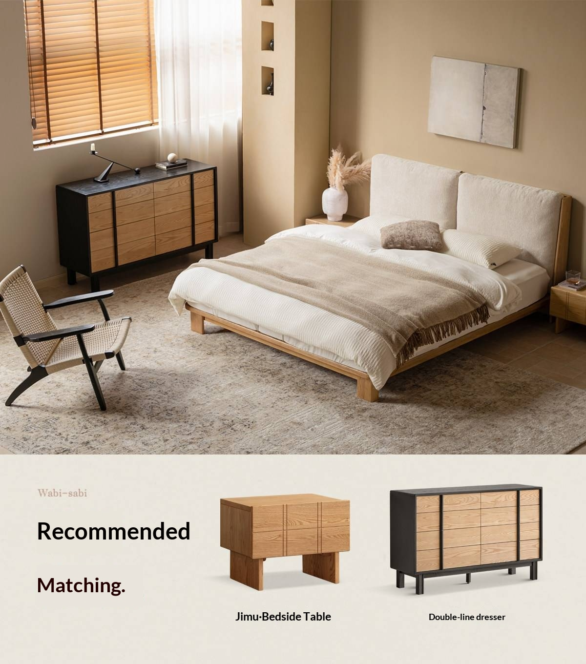 Ash Solid Wood Platform Bed with Split Panel Upholstered Headboard