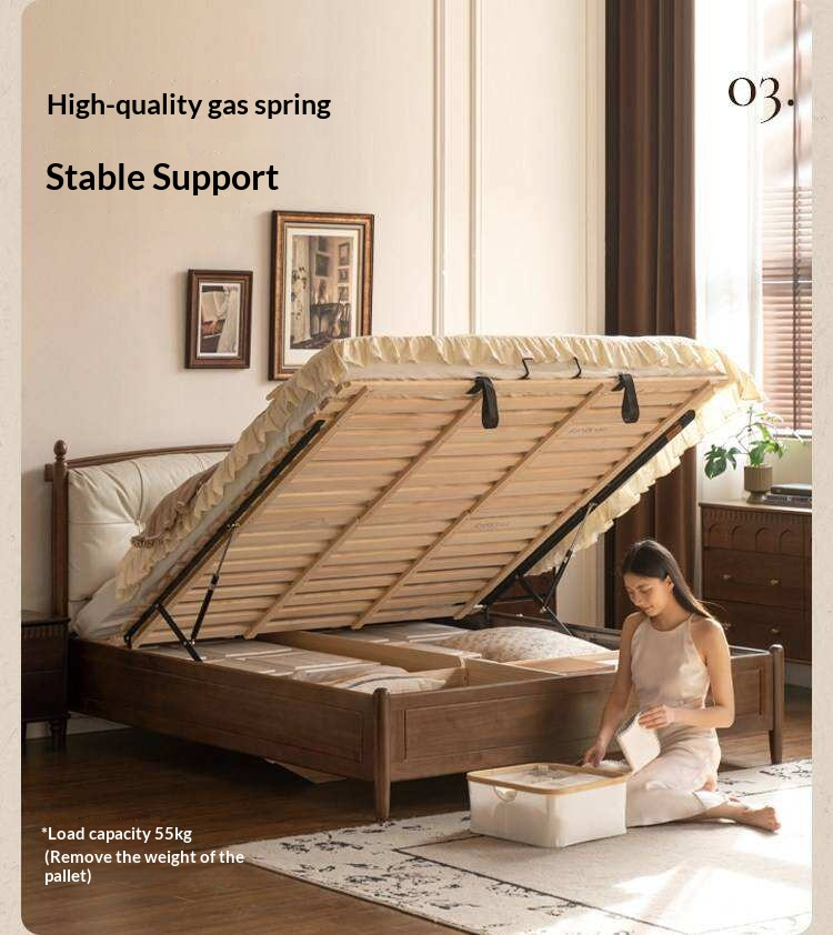 Black Walnut Solid Wood Four Poster Storage Bed with Tufted Headboard and Gas Lift