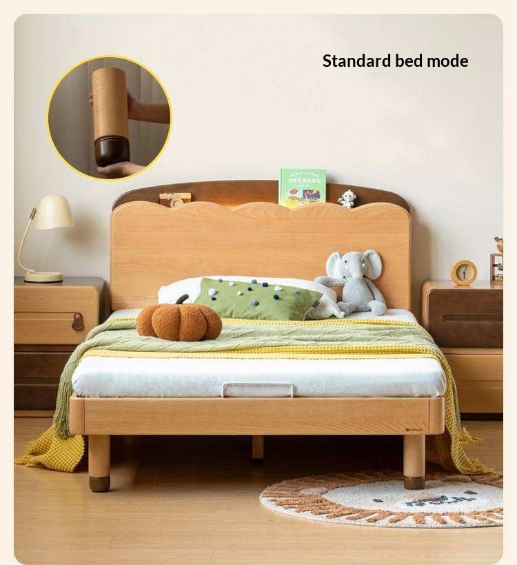 Beech Solid Wood Kids Bed with Scalloped Headboard and Hidden Storage