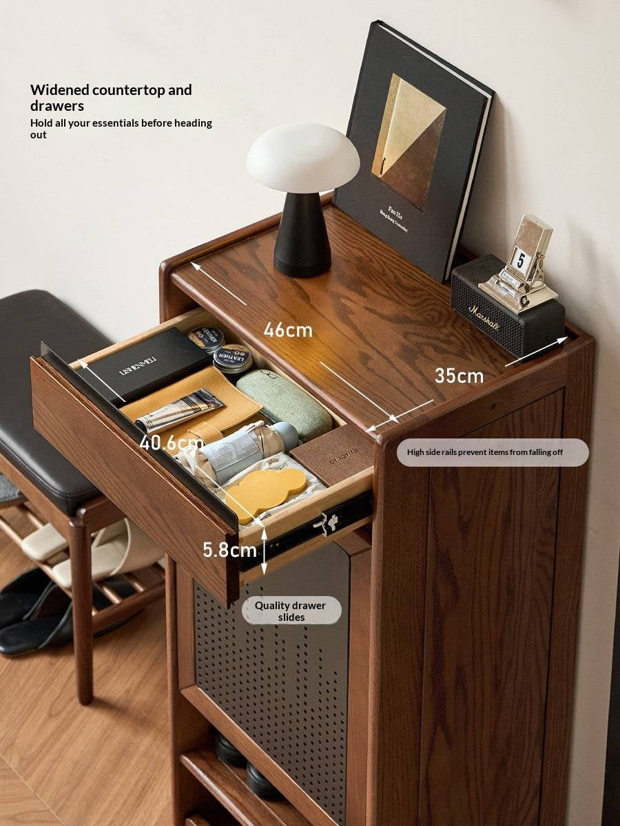 Oak Solid Wood Narrow Shoe Storage Cabinet with Flip-Top Compartment and Perforated Metal Door
