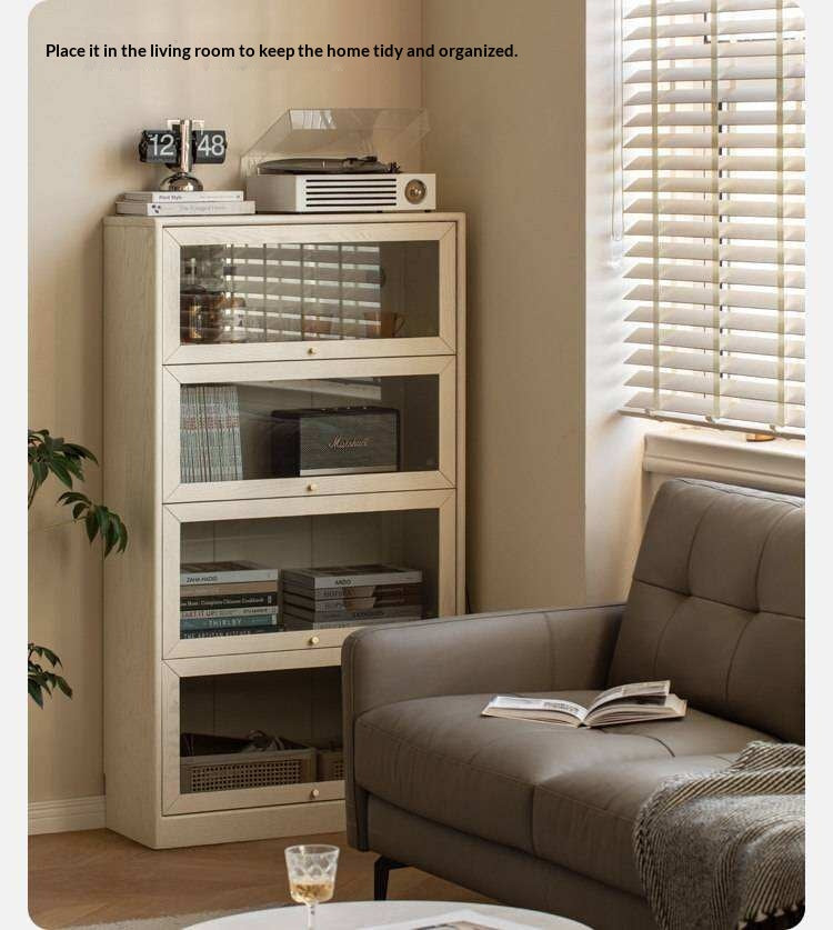Oak Solid Wood Bookcase Cream Flip Door Glass Display Cabinet