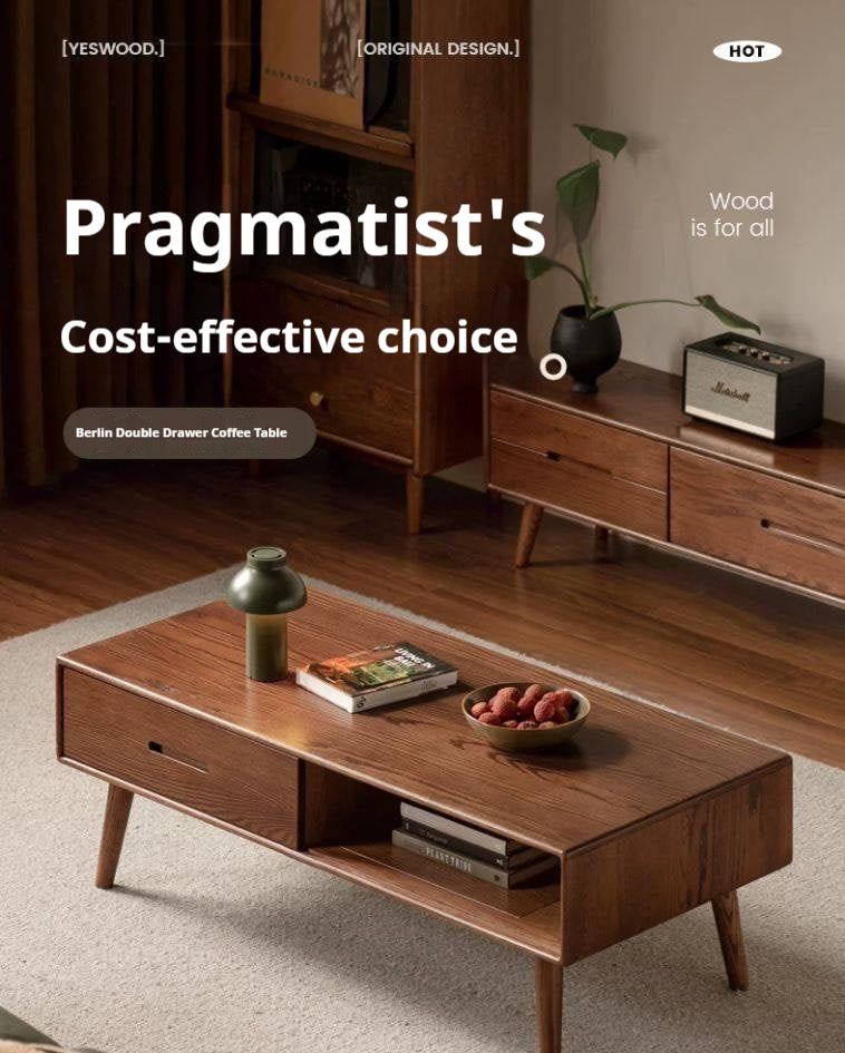 Oak Solid Wood Two-Drawer Coffee Table Walnut Color