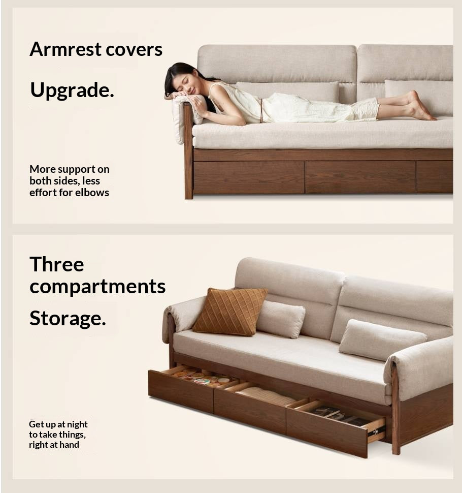 Oak Solid Wood Pull-Out Sleeper Sofa with Under-Seat Storage Drawers