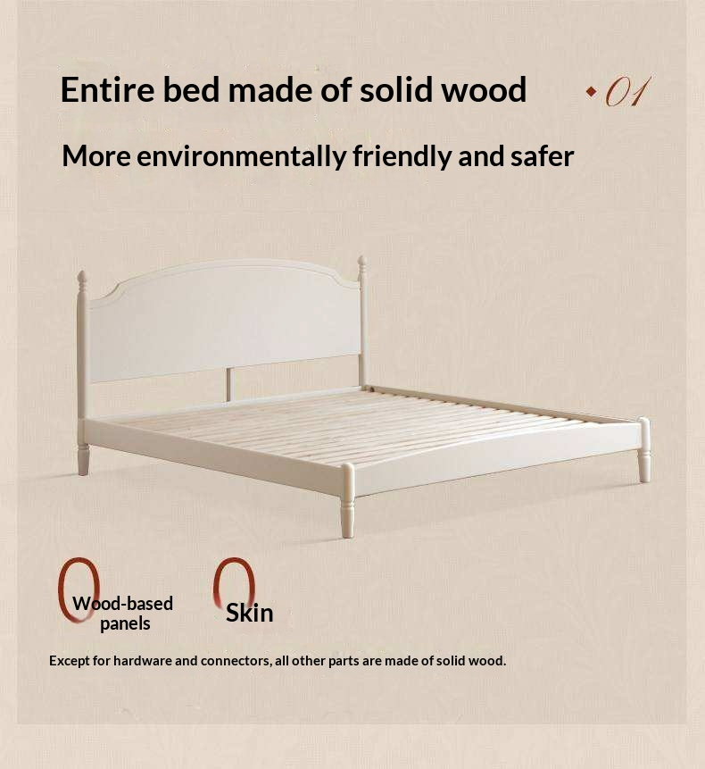 Rubberwood Solid Wood French Style Bed with White Curved Headboard and Elegant Retro Frame