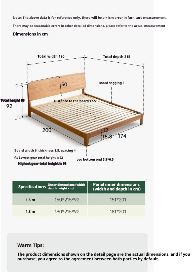 Cherry Solid Wood Bed — Retro Simple Luminous Bed with Charging and Storage