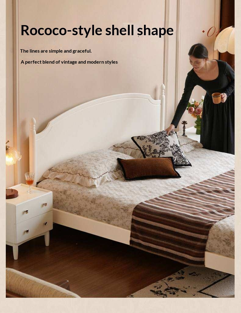 Rubberwood Solid Wood French Style Bed with White Curved Headboard and Elegant Retro Frame