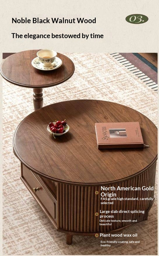 Black Walnut Solid Wood Coffee Table with Storage Drawer, Mid Century