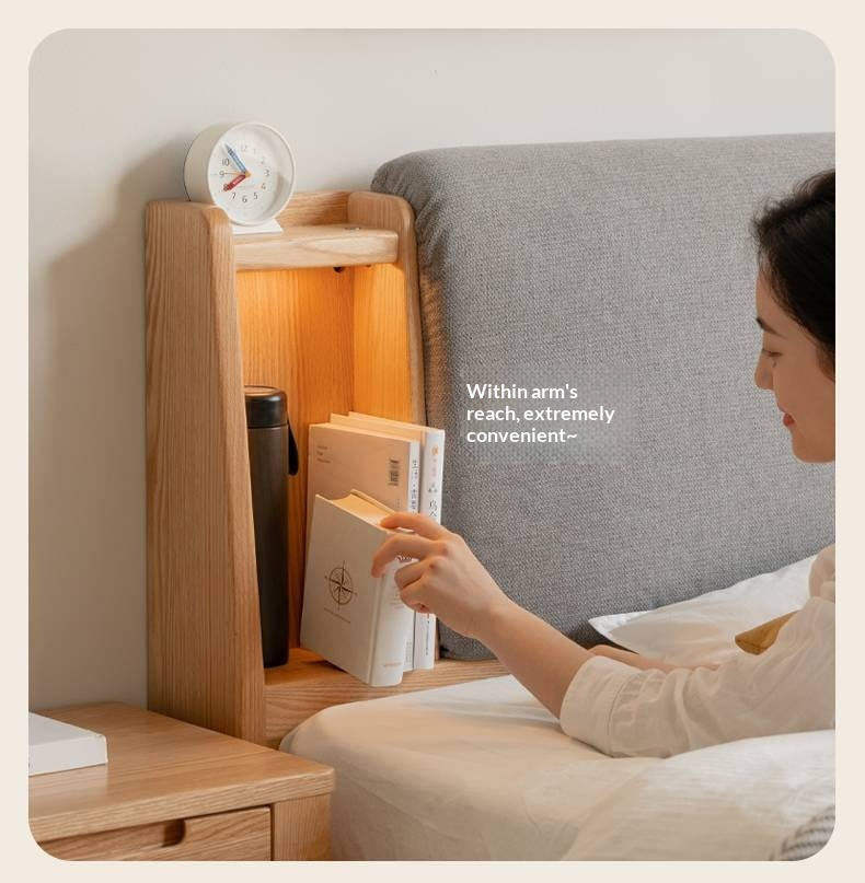 Oak Solid Wood Bed with Genuine Leather and Light Upholstery