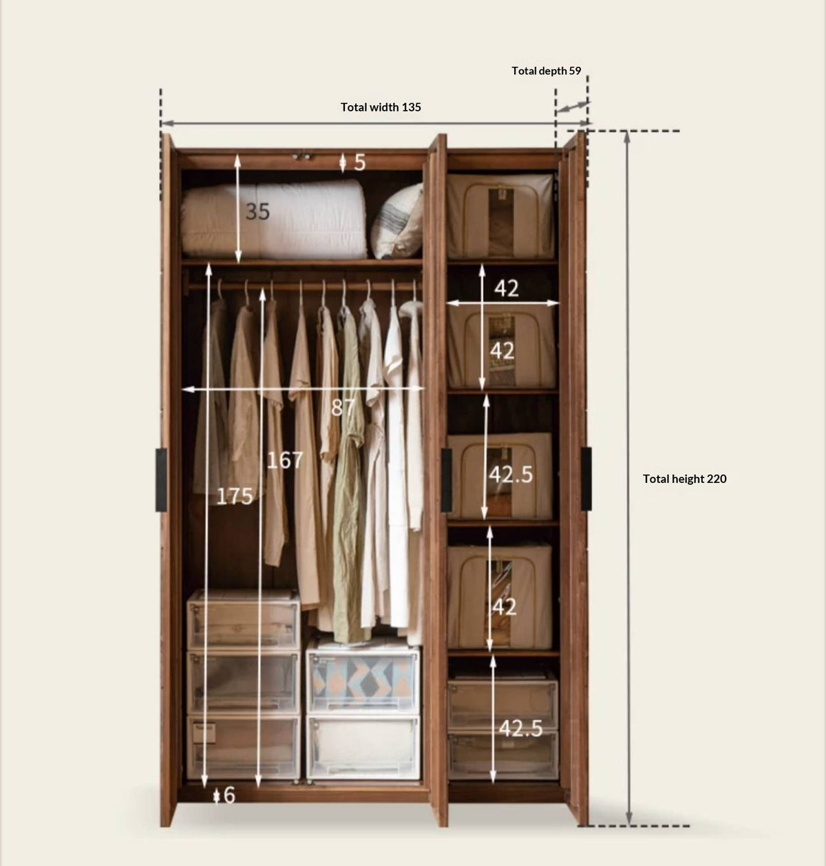 Black Walnut Solid Wood Wardrobe Combination Storage Cabinet