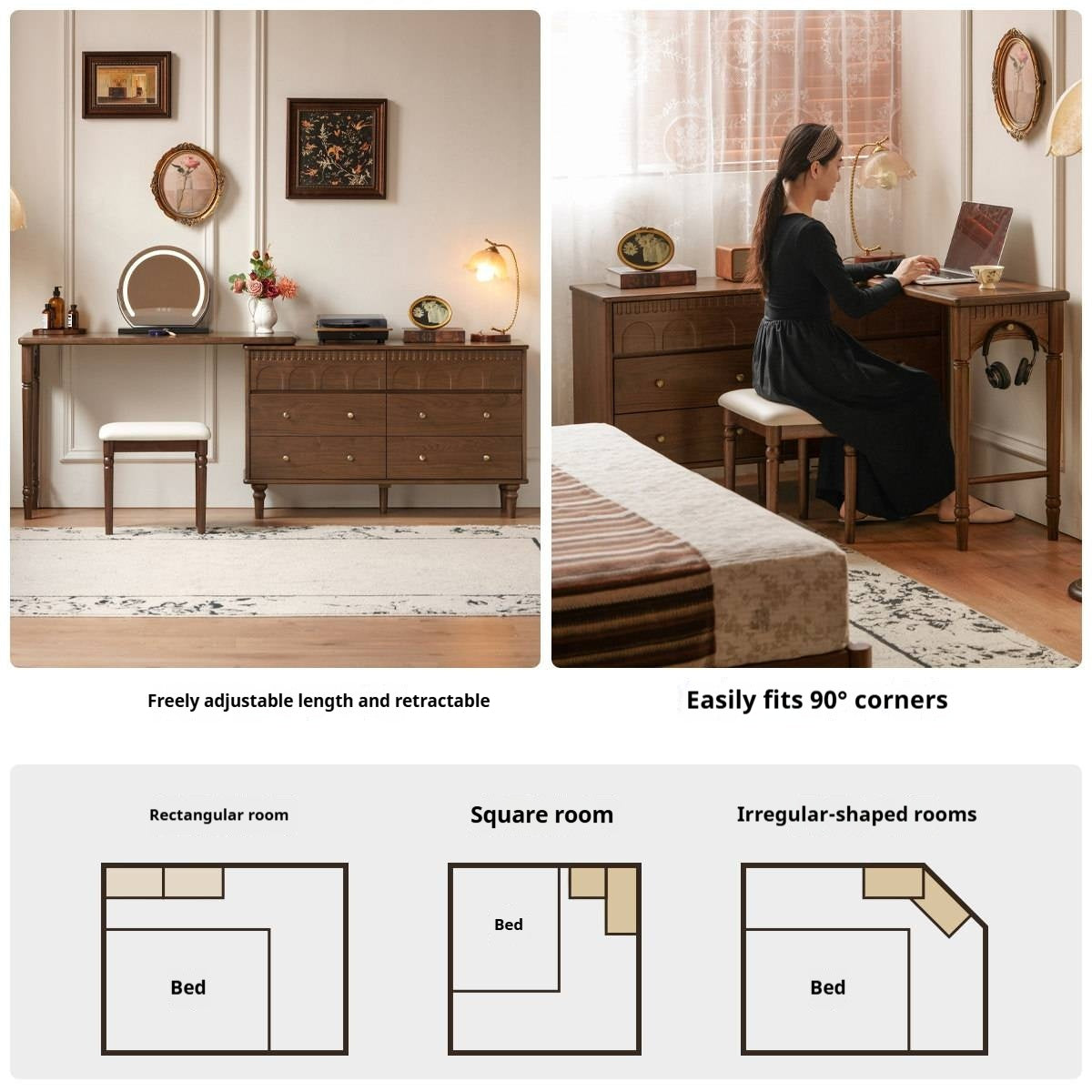 Black Walnut Solid Wood Vanity Table with Extendable Top