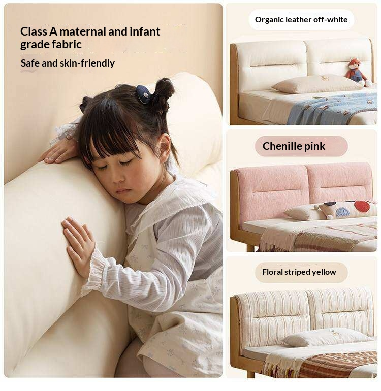 Beech Solid Wood Adjustable Height Kids Bed with Upholstered Segmented Headboard