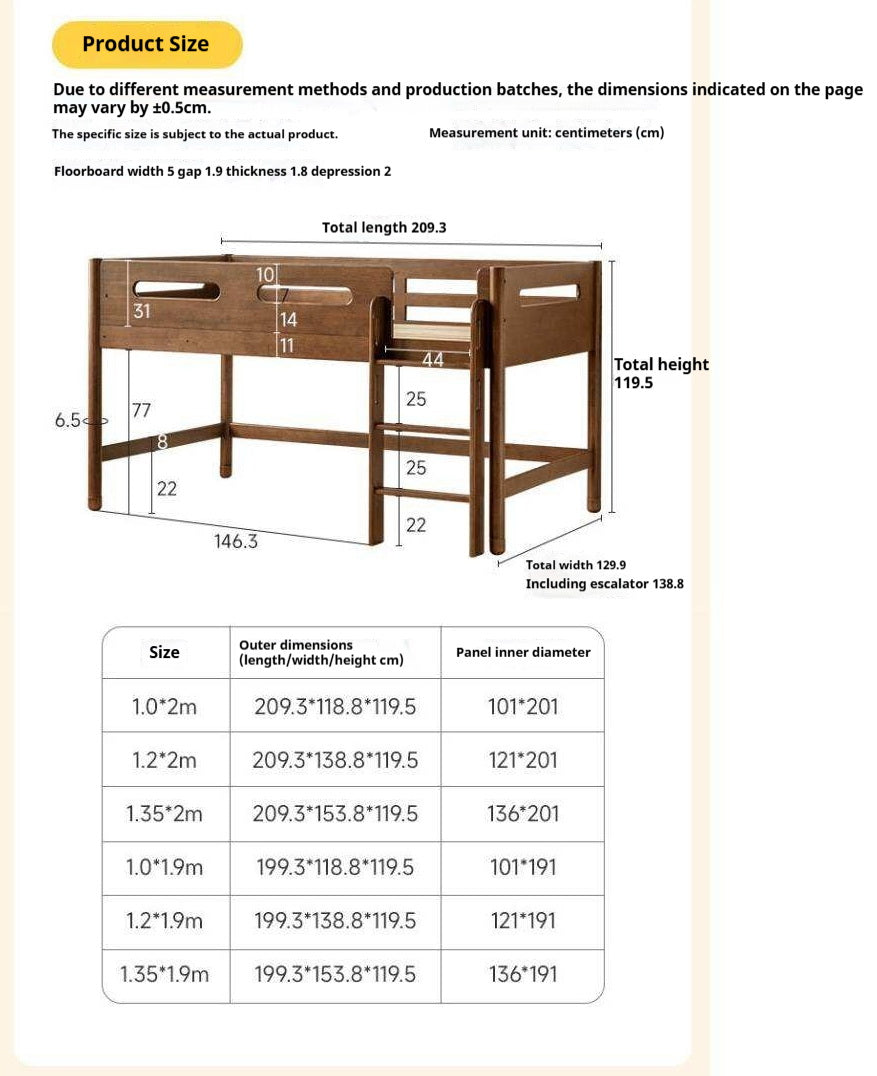 Rubberwood Solid Wood Mid-Height Kids Loft Bed with Staircase and Bookshelf Storage