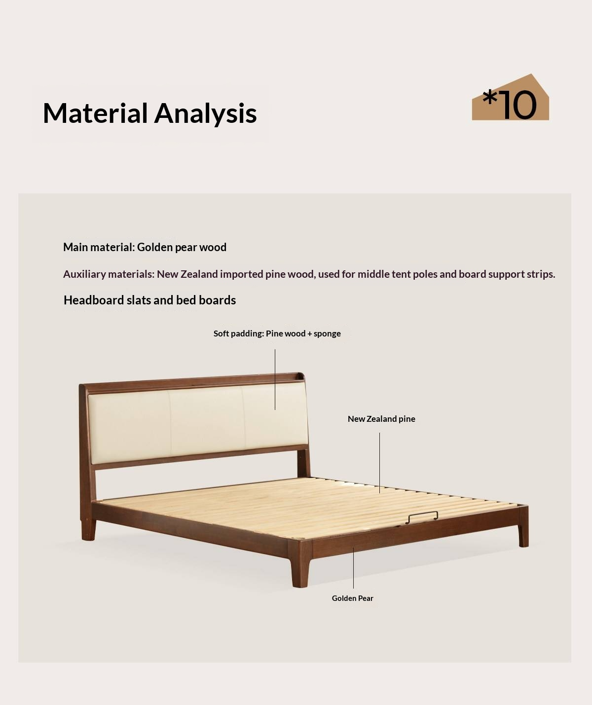 Golden Rosewood Solid Wood Modern Bed with Leather Upholstered Headboard and Built-In Power Outlets