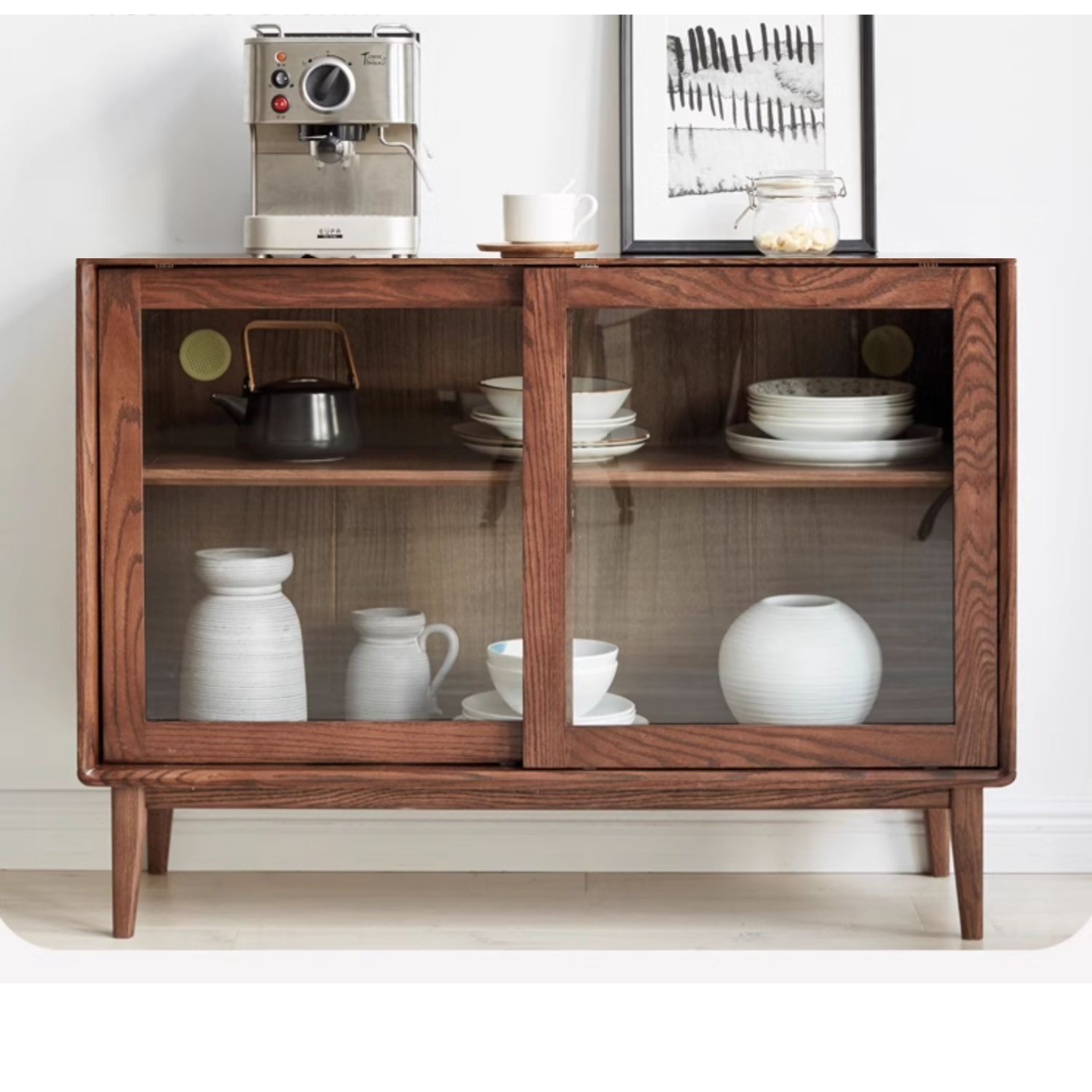 Oak solid wood Nordic sideboard integrated against the wall,