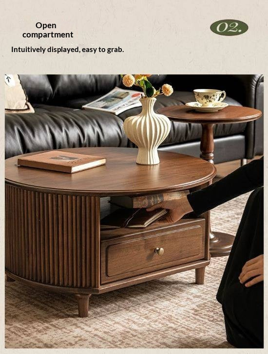 Black Walnut Solid Wood Coffee Table with Storage Drawer, Mid Century