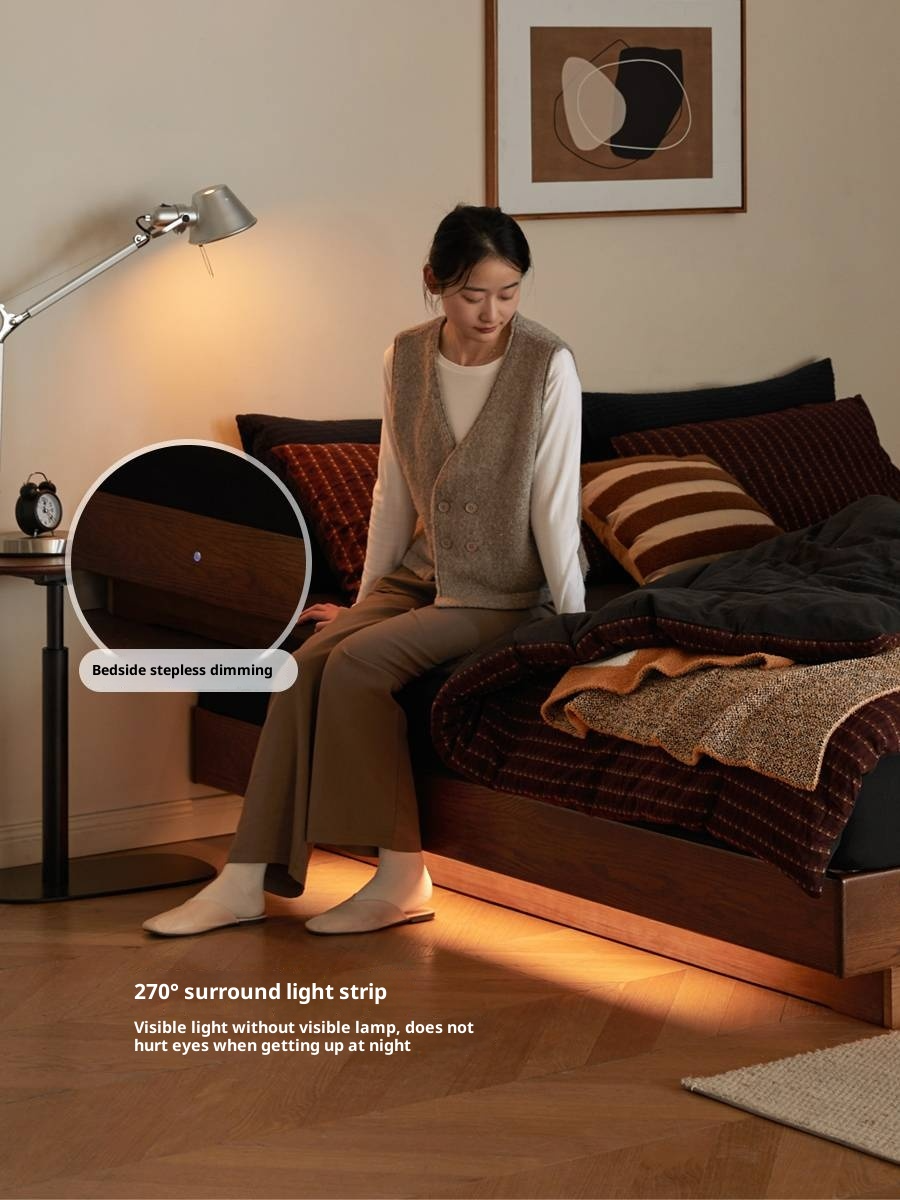 Oak Solid Wood Floating Platform Box Bed, Headboard-Free Bed with Light Modern Minimalist