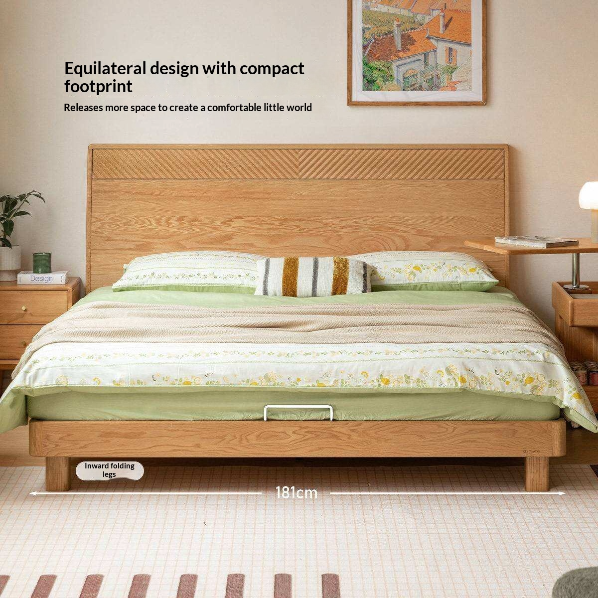 Oak Solid Wood Platform Bed with Grooved Panel Headboard Accent