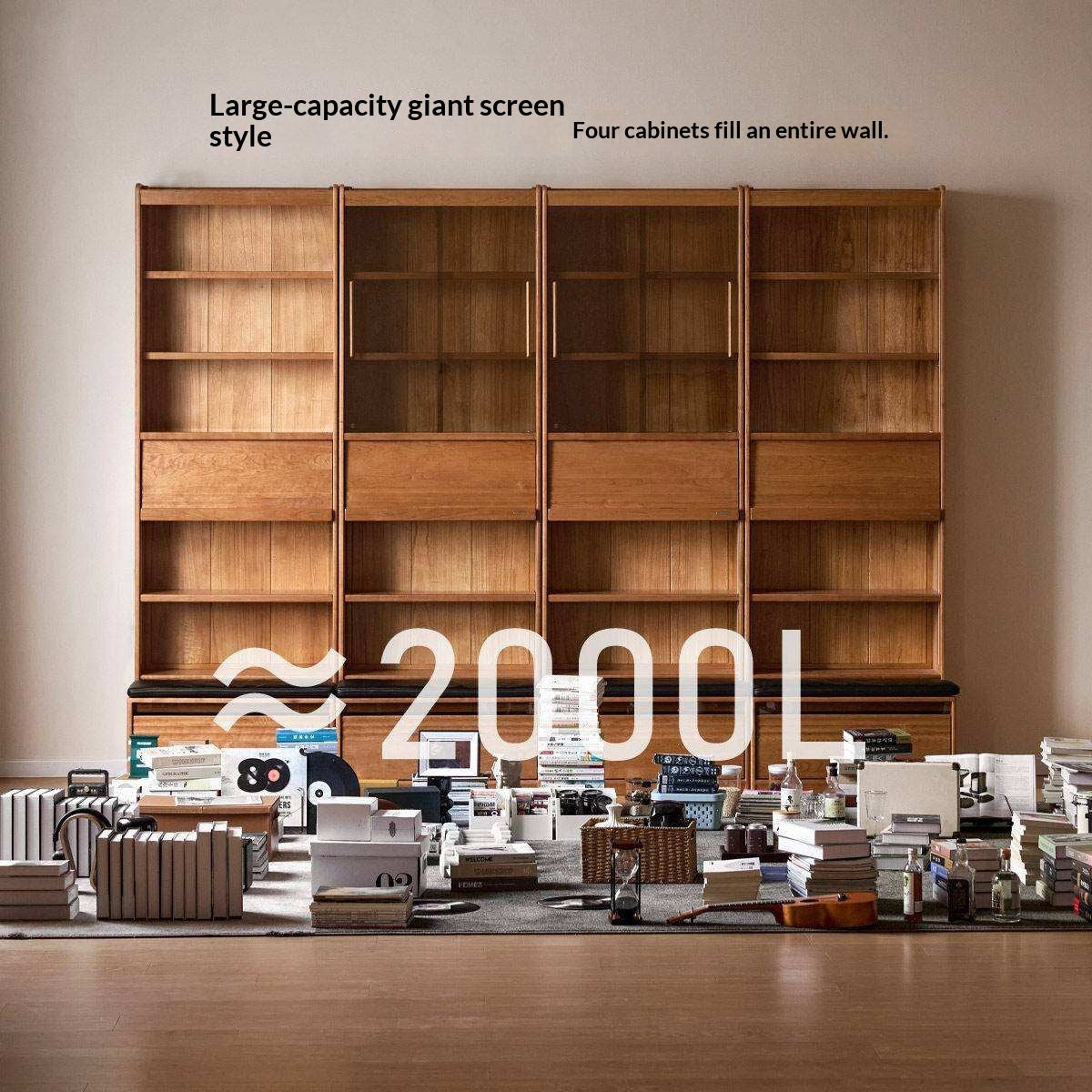 Cherry Solid Wood Bookcase with Wall Integration and Floor Storage Cabinet