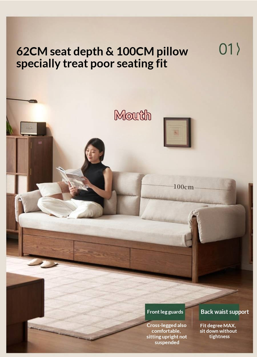 Oak Solid Wood Pull-Out Sleeper Sofa with Under-Seat Storage Drawers