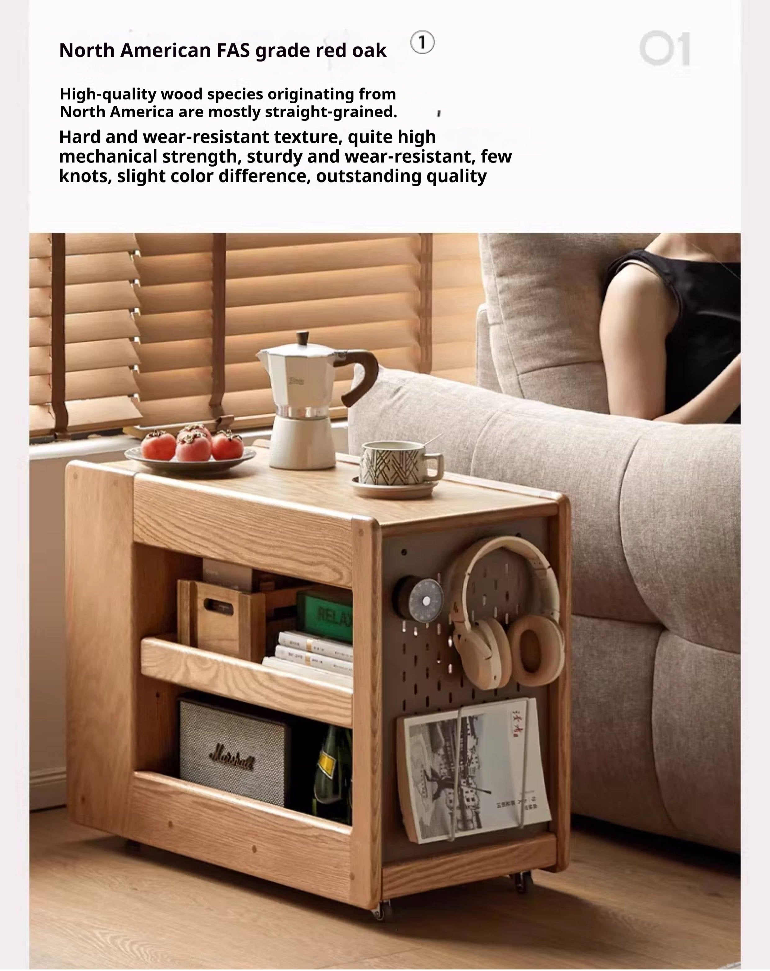 Oak Solid Wood Side Table with Mobile Trolley and Storage Functionality