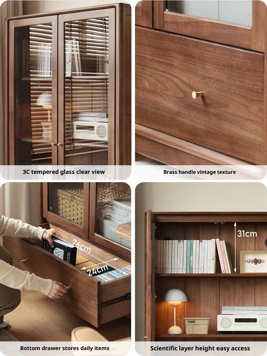 Black Walnut Solid Wood Bookcase With Glass Door