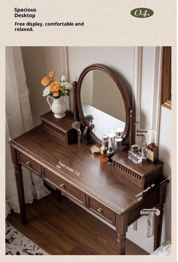 Black Walnut, Tulipwood Solid Wood Retro Style Dressing Table With Built-In Mirror