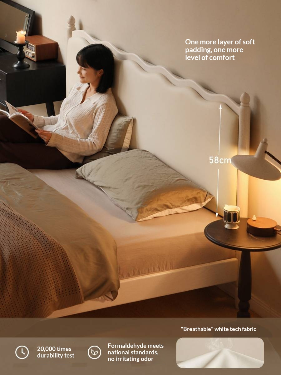 Rubberwood Solid Wood Upholstered Bed Retro Style White Bed