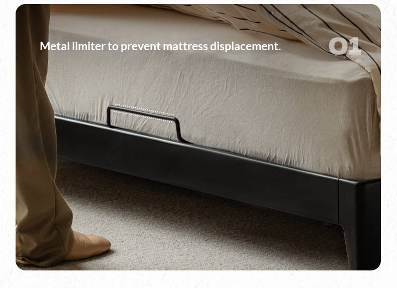 Rubberwood Solid Wood Bed — Modern Minimalist Black Design with Soft Headboard