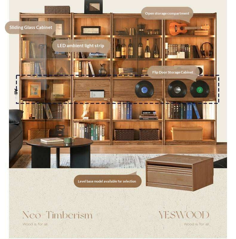 Ash Solid Wood Bookcase with Wall-Mounted Display and Storage Cabinet