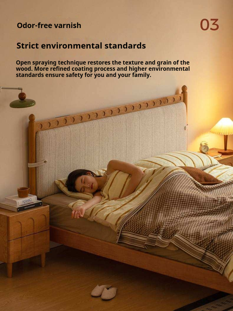 Cherry Solid Wood Double Bed with Vintage Style and Leather Upholstered Headboard