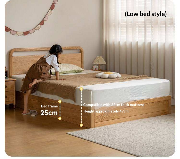 Oak, Rubberwood Solid Wood Storage Bed with Adjustable Height and Gas Lift