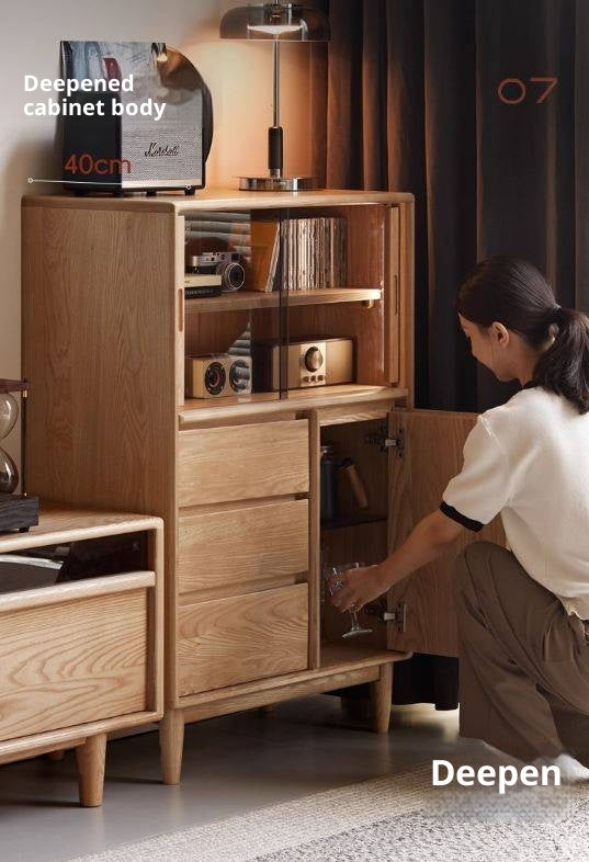 Ash Solid Wood Modern Minimalist Side Cabinet with Light.