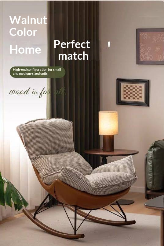 Beech Solid Wood Mid-Century Rocking Accent Chair with Houndstooth Cushion