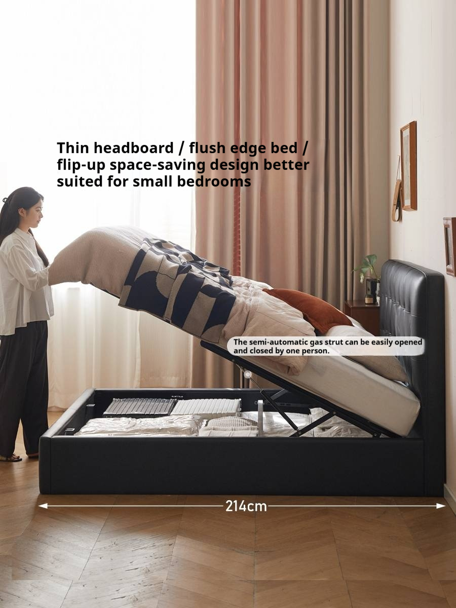 Genuine Leather Retro Box Bed — Black Upholstered, Simple Design