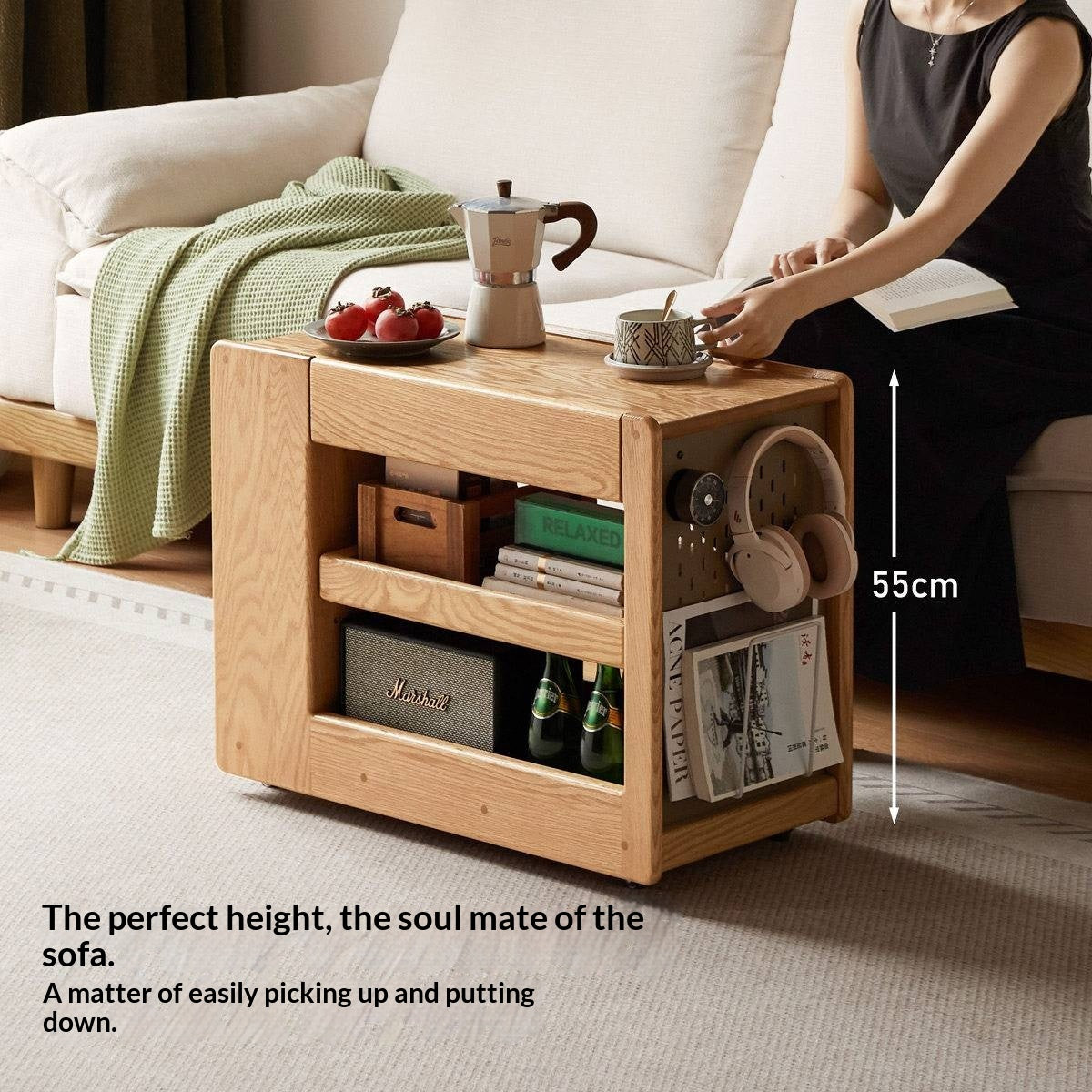 Oak Solid Wood Side Table with Mobile Trolley and Storage Functionality