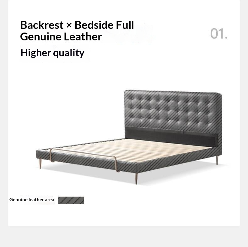 Genuine Leather Bed — Italian Light Luxury, Bauhaus Edge Design, Black Finish