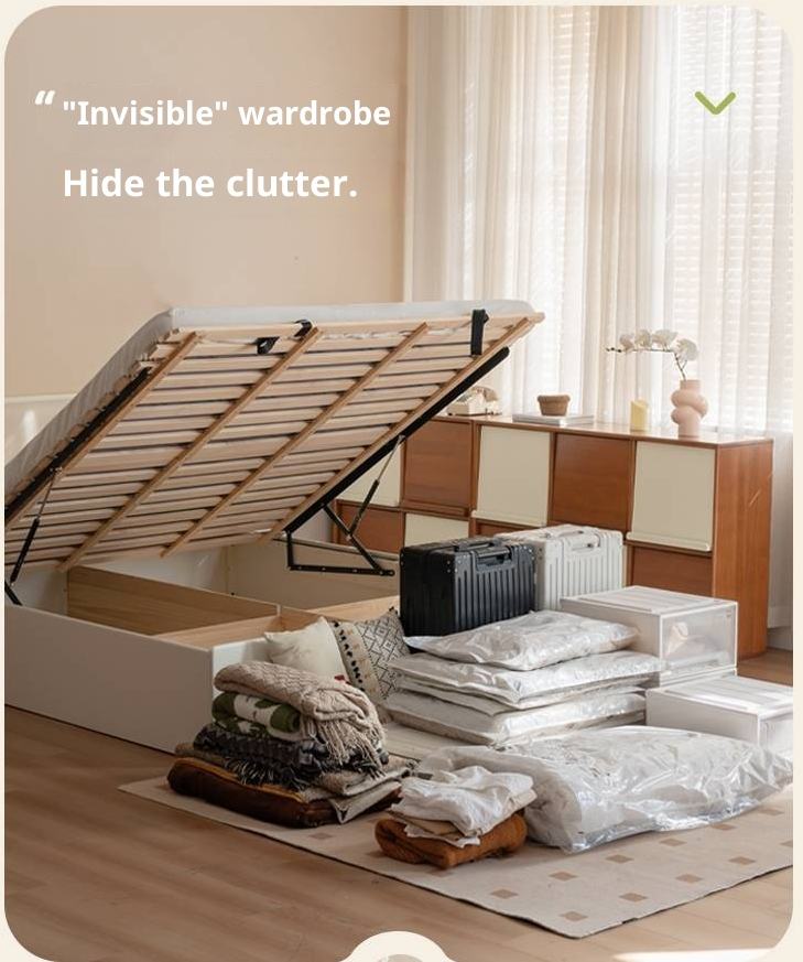 Rubberwood Solid Wood Bed Modern Minimalist Box Bed White Cream Style