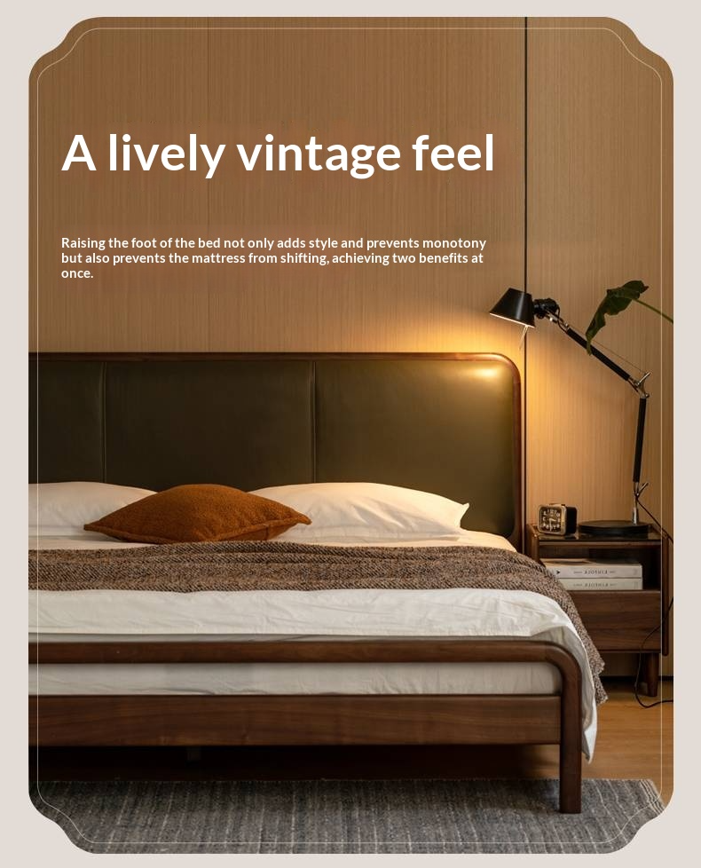 Black Walnut, Beech Solid Wood Retro Upholstered Large Bed