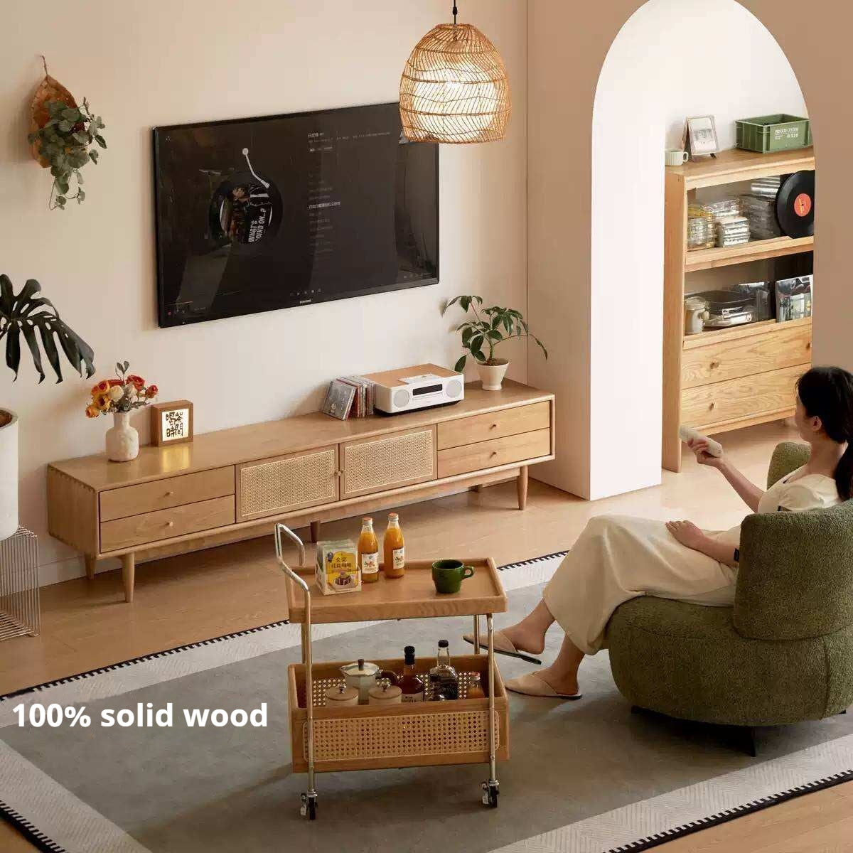 Birch Solid Wood TV Cabinet with Rattan Sliding Doors and Minimalist Storage