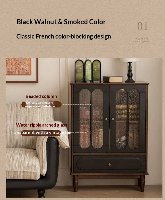 Black Walnut Solid Wood Vintage Curio Cabinet with Rippled Glass Doors and Brass Hardware