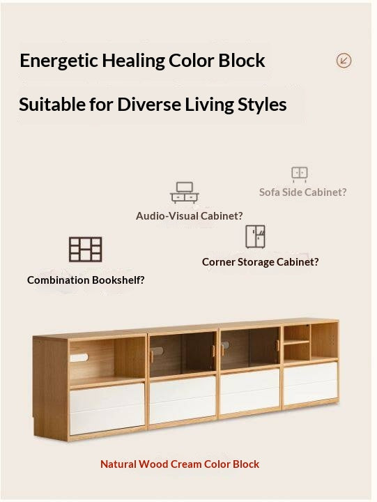 Oak Solid Wood Modular TV Cabinet System with Two-Tone Sliding Doors
