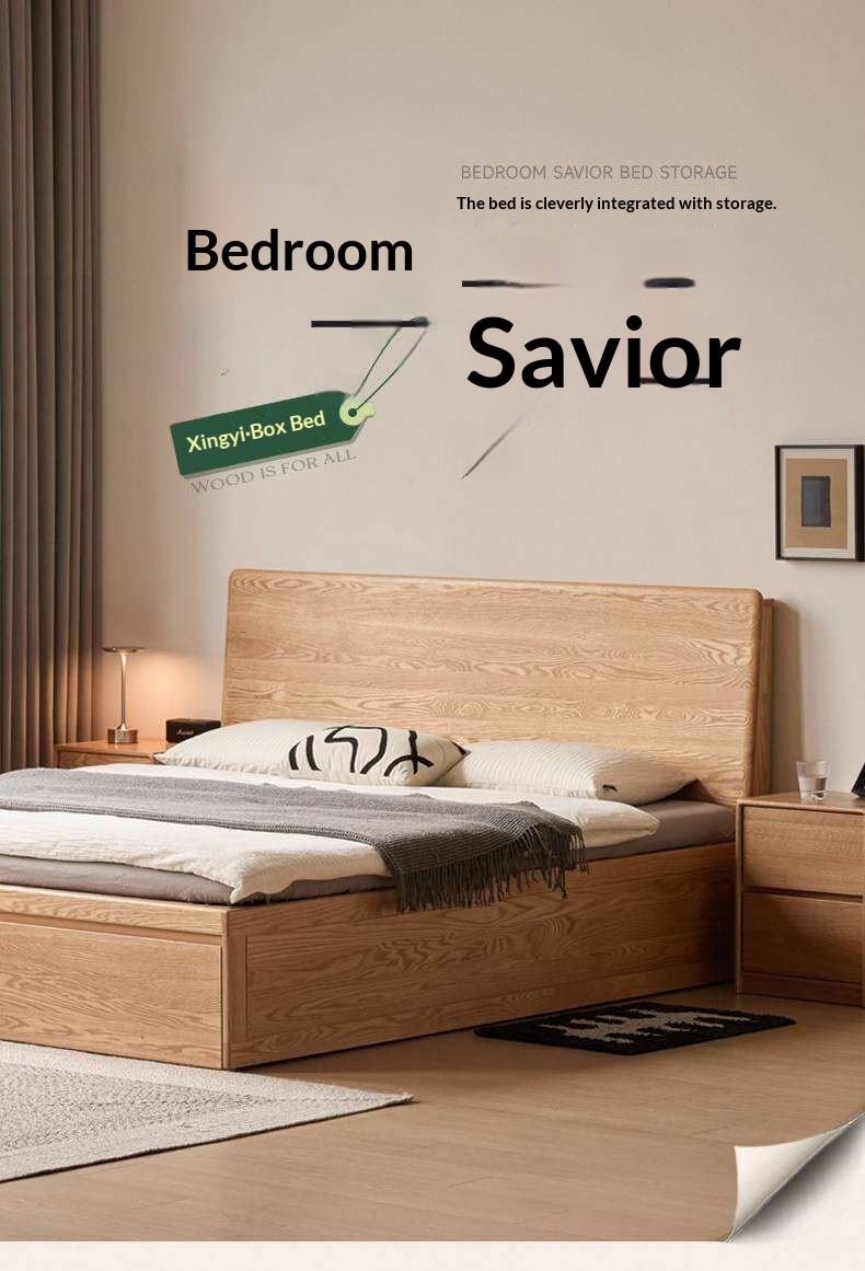 Oak Solid Wood Storage Bed with Hydraulic Lift-Up Frame and drawers