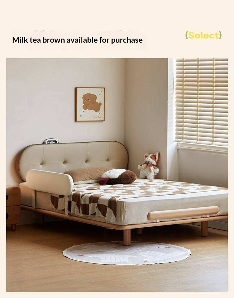 Beech Solid Wood Kids Floating Platform Bed with Upholstered Headboard and Optional Guardrails