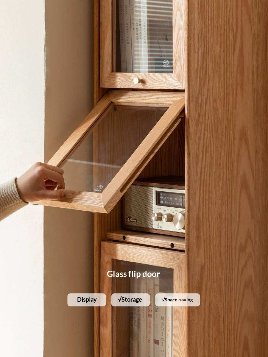 Oak Solid Wood Bookcase Corner Glass Flip Door